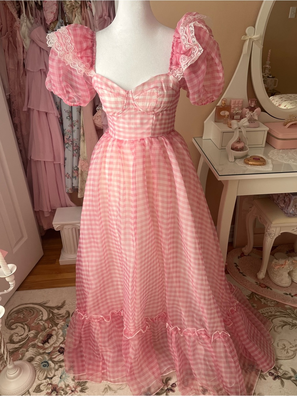SHEIN Pink Gingham Puff-Sleeve Maxi Dress